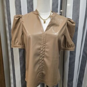 Fate brown split neck faux leather top